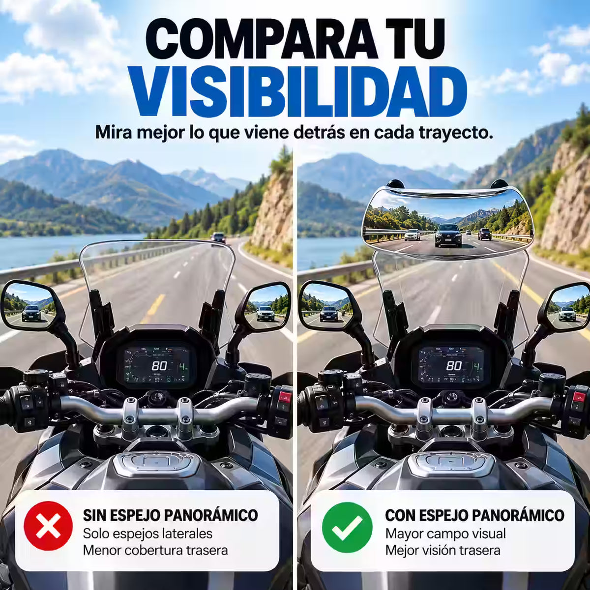 WideTrack® - Espejo Retrovisor Panorámico para Moto con Soporte Ajustable