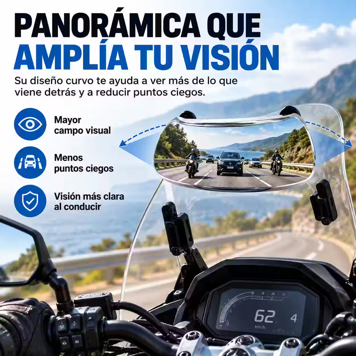 WideTrack® - Espejo Retrovisor Panorámico para Moto con Soporte Ajustable
