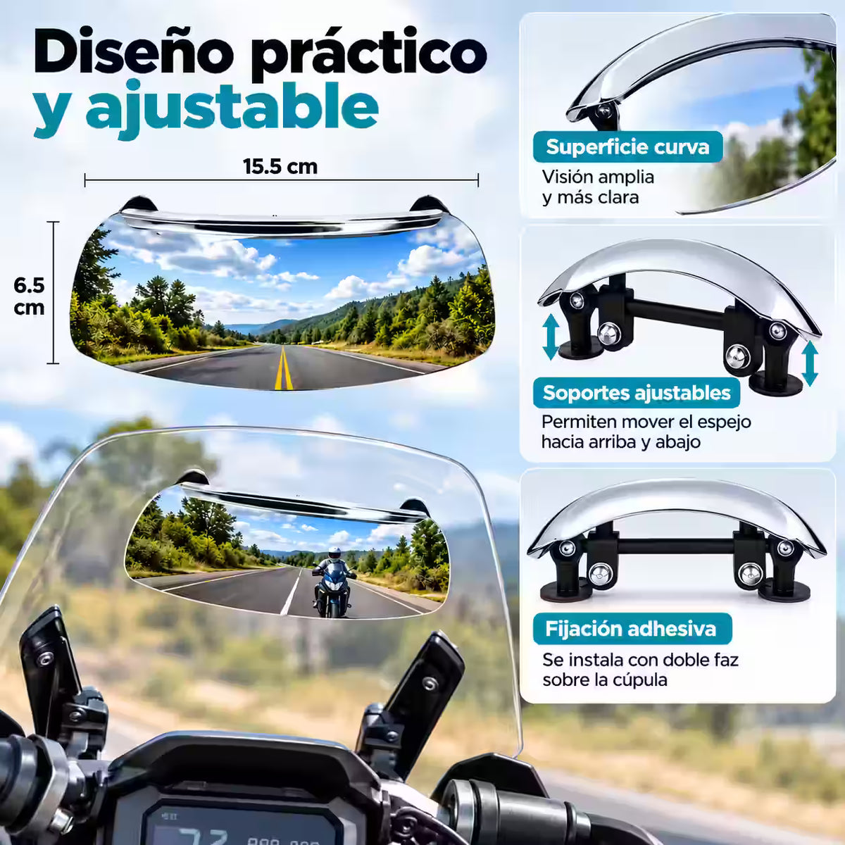 WideTrack® - Espejo Retrovisor Panorámico para Moto con Soporte Ajustable
